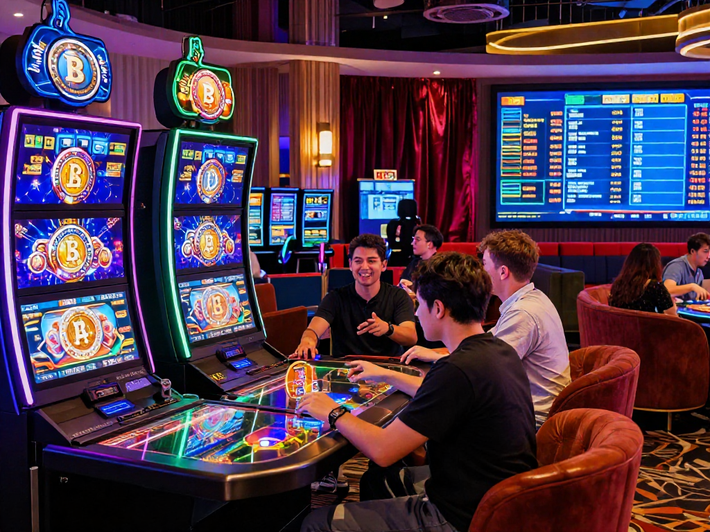 Exciting crypto casino scene with players engaging at high-tech gaming tables, neon lights, and colorful graphics.
