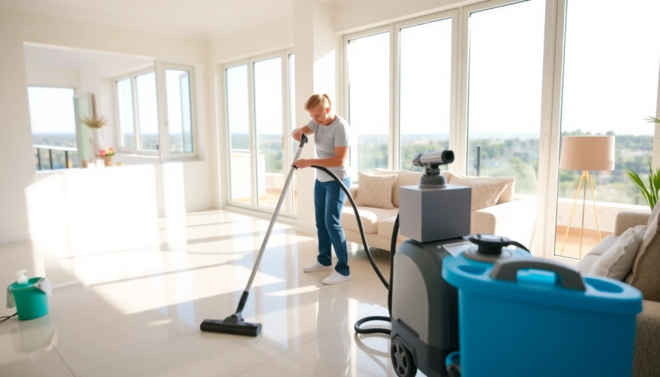Experienced bond cleaning professional meticulously cleaning a bright living room.