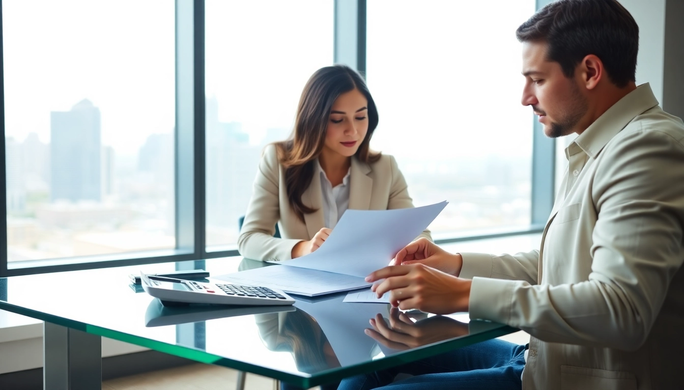 Calculate NY spousal maintence calculators with a couple discussing finances at a stylish desk.