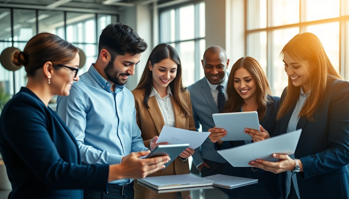 Visualize acquisition package automation in action with a diverse team collaborating in a modern office.