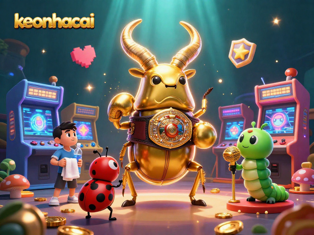 Engage with keonhacai through vibrant 3D casino battles led by a golden stag beetle champion.