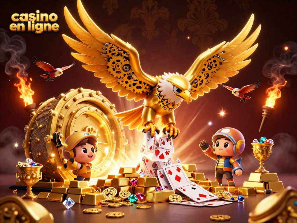 Visualisez le casino en ligne avec une aigle cybernétique et des éléments de jeu en 3D en pleine action.