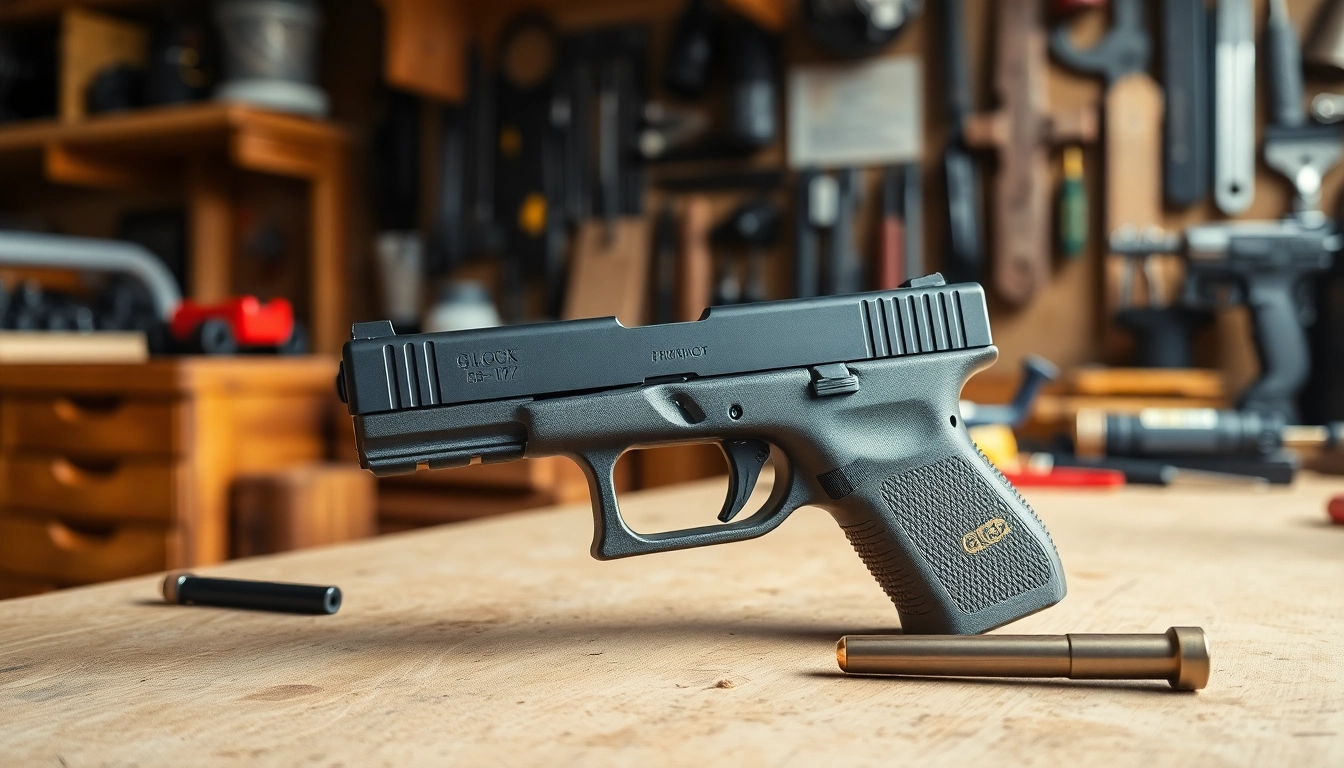 Explore the precision and features of a glock 17 slide prominently displayed in a workshop.