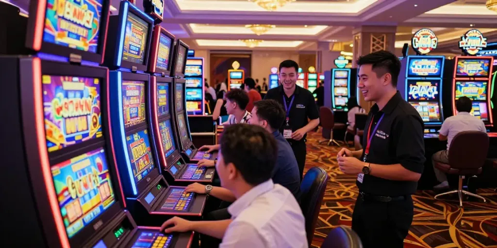Players enjoying vibrant slot gacor machines in a lively casino atmosphere.