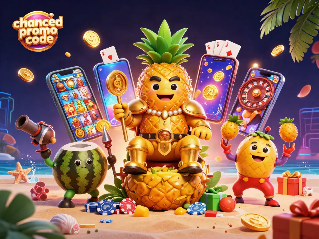 Engage with the chanced promo code through a vibrant scene of a golden pineapple king and casino elements.