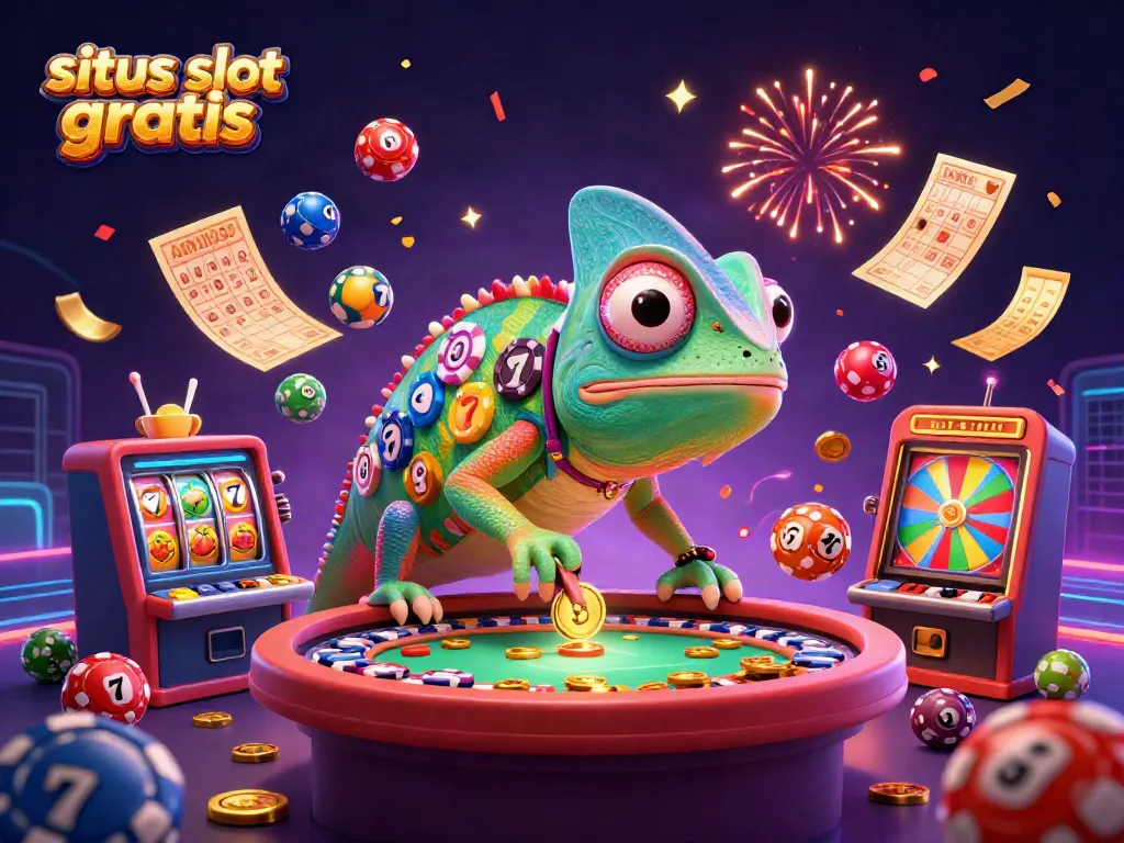 Situs slot gratis theme with vibrant 3D chameleon casino owner surrounded by lively slot game elements