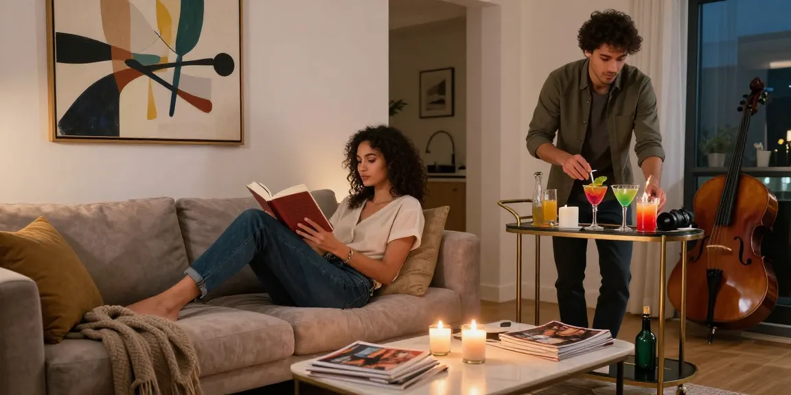 Modern urban couple enjoying cozy evening at home, showcasing lifestyle elements on Cityescorthub