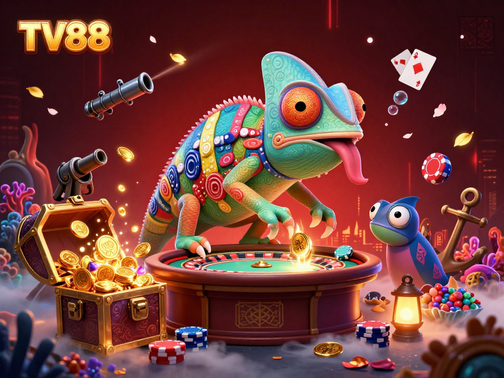 TV88 chameleon casino owner capturing golden coins in a vibrant underwater casino scene.