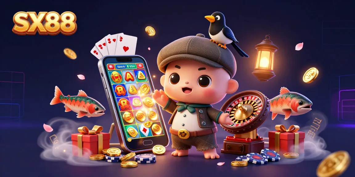 SX88 offers thrilling gameplay with colorful slot games, vibrant coins, and festive characters.