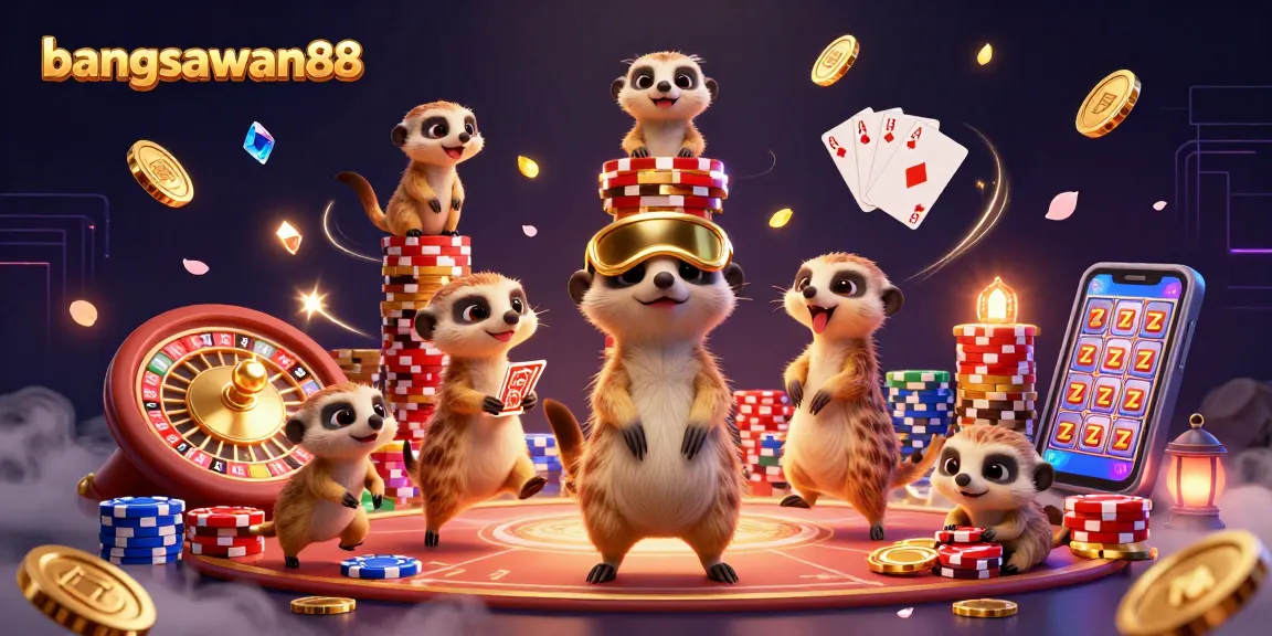 Bangsawan88 casino scene featuring meerkats operating a vibrant casino with chips and coins.