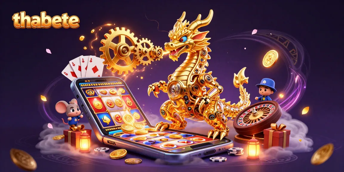 Engage in thabete's thrilling gaming experience with a golden dragon and vibrant slot games.