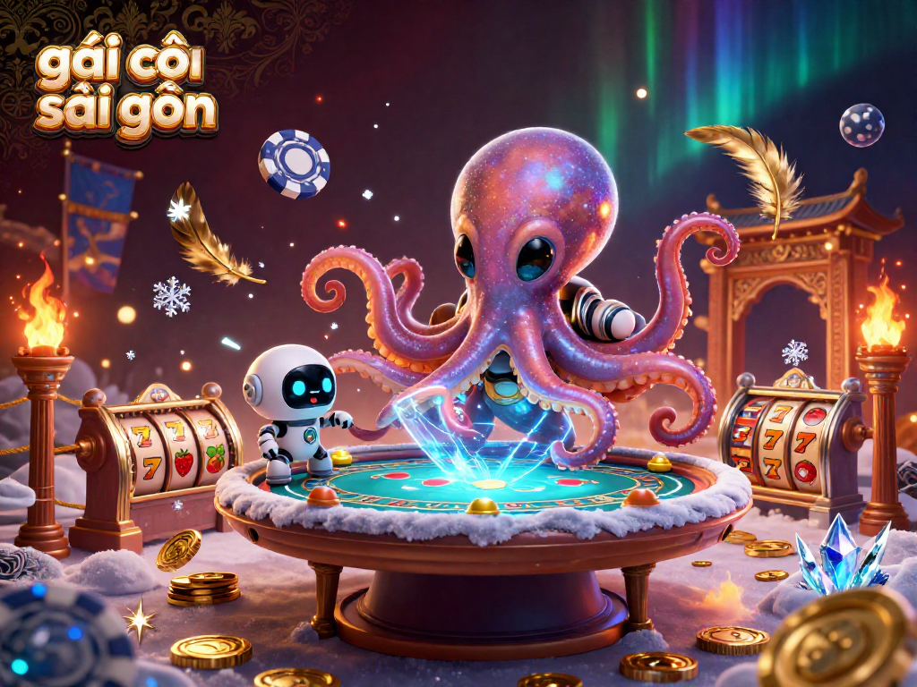 Engaging scene with an octopus and robot in a poker atmosphere, showcasing gái gọi sài gòn.