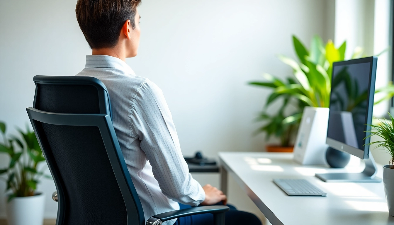 Demonstrating how to improve posture with proper desk ergonomics in a bright office setting.