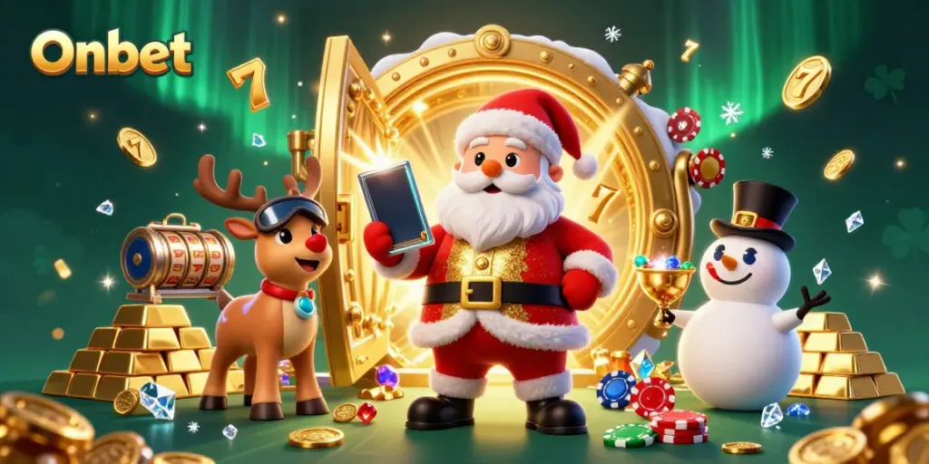 Experience Onbet's vibrant casino atmosphere with Santa, a reindeer dealer, and a poker chip snowman.