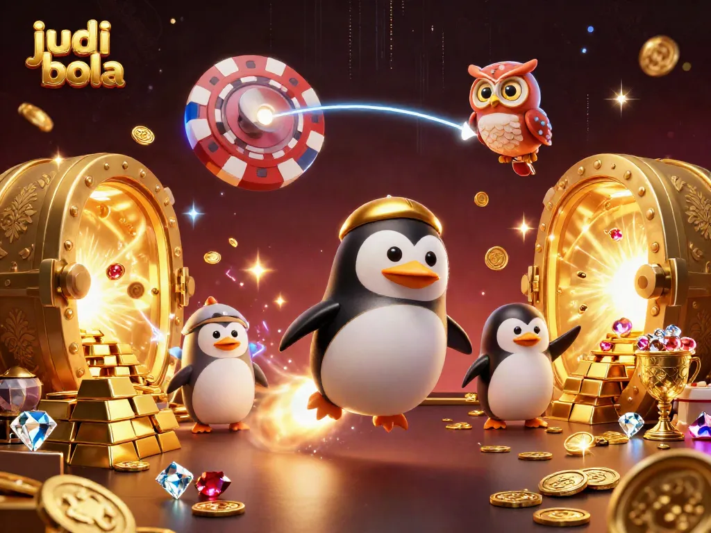 Gambaran visual judi bola yang menampilkan penguin emas dan elemen kasino menarik.