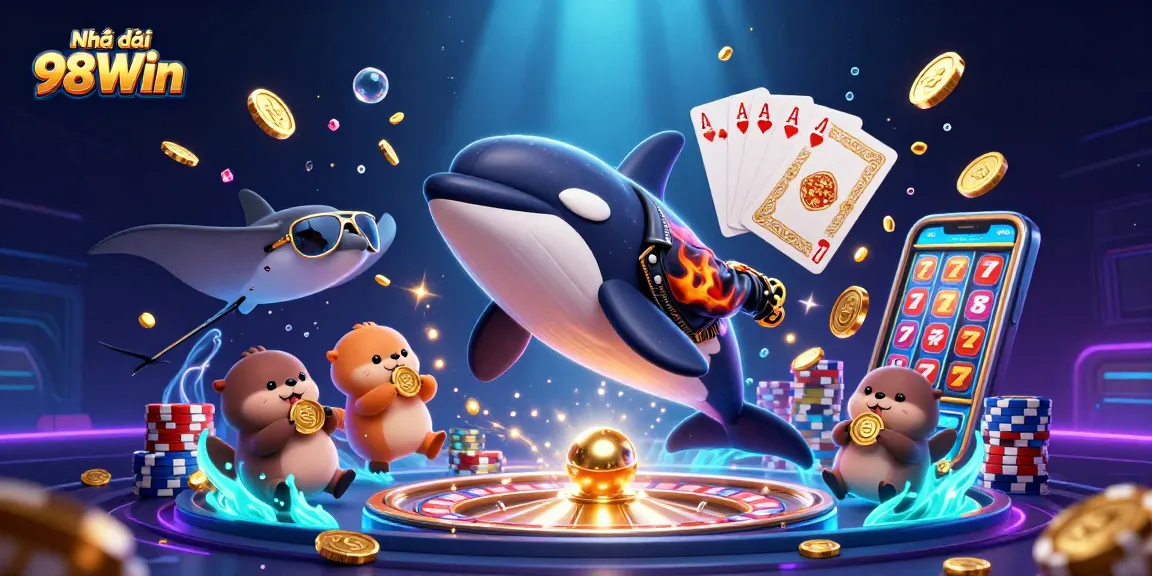 Exciting scene with Nhà cái 98Win themed characters celebrating wins in a vibrant casino atmosphere.