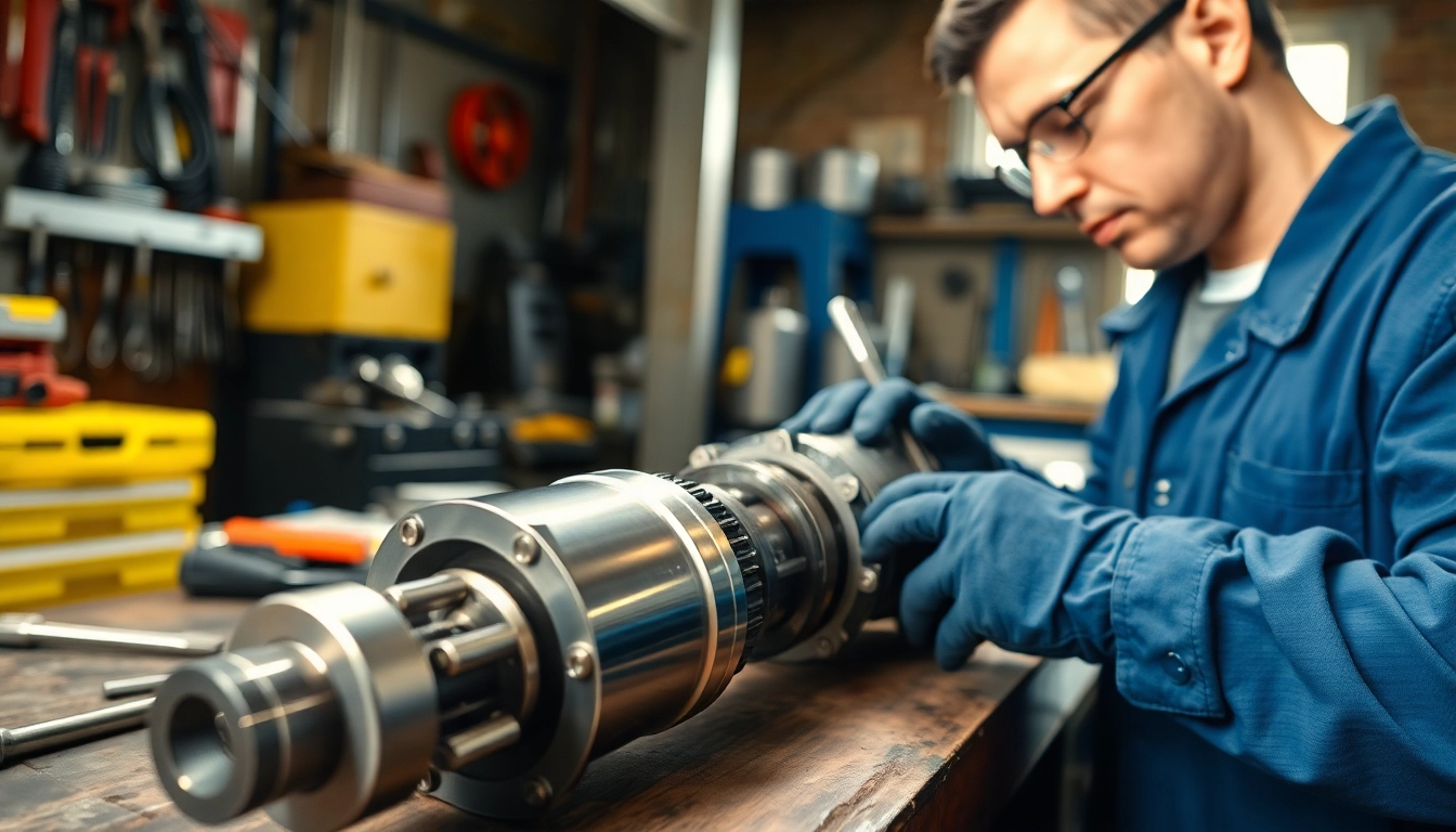 Repair technician demonstrating hydraulic cylinder repair process with tools and equipment.