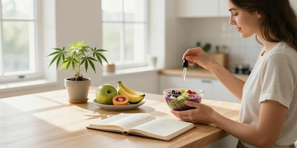 sg lana - Pure CBD tincture in a serene kitchen wellness routine with hemp plants and fresh ingredients.
