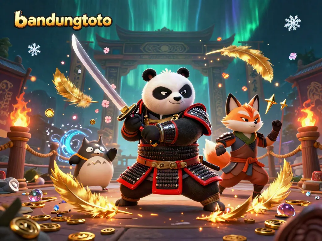 Experience the thrill with Bandungtoto's vibrant casino scene featuring samurai panda, ninja fox, and magical spirit.