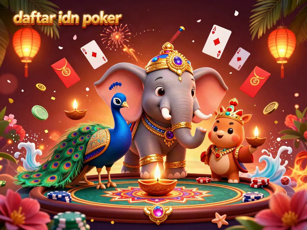 Join the fun at daftar idn poker with this vibrant illustration showcasing dynamic poker elements and festive characters.