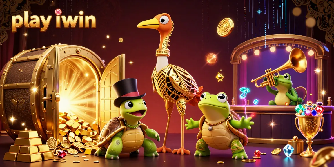 Play iwin at a lively casino scene featuring cartoon characters and colorful treasures.