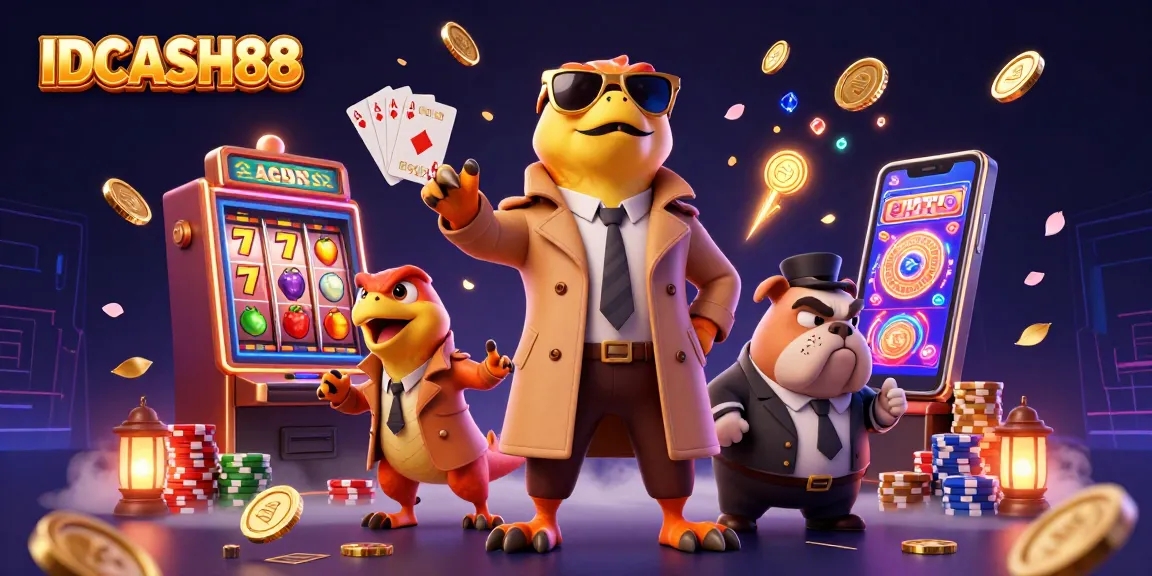 Experience the excitement of IDCASH88 with luck-filled slot machine reels and energetic raptors in a whimsical casino scene.