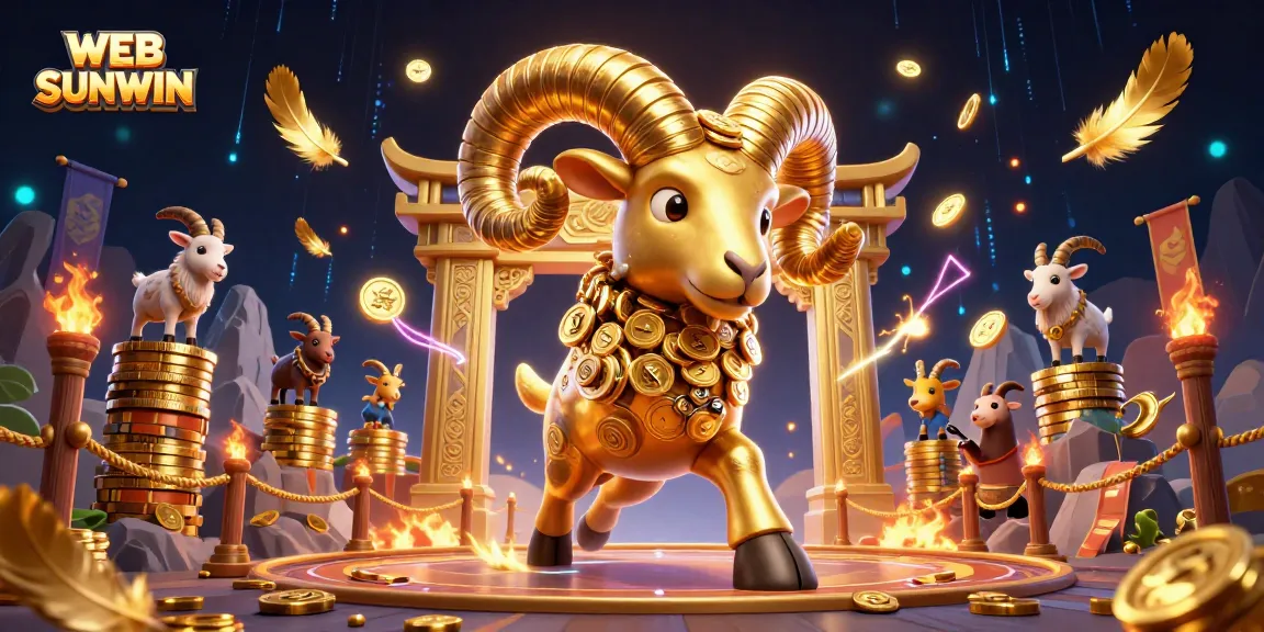 Experience exciting wins with WEB SUNWIN, showcasing a golden ram charging through a vibrant casino arena.