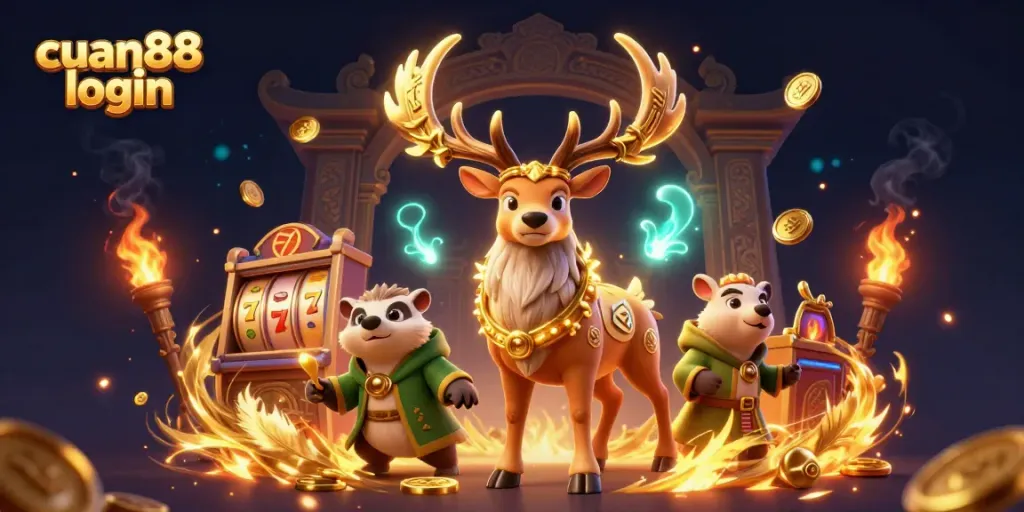 Engage with Cuan88 login through a vibrant 3D illustration of a Celtic druid stag and a wise badger amidst exciting slot elements.