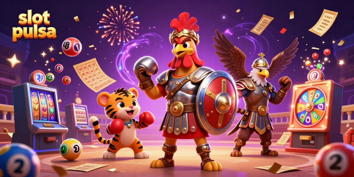 Engage with slot pulsa illustrated by dynamic scenes and colorful elements like lottery balls and golden tickets.