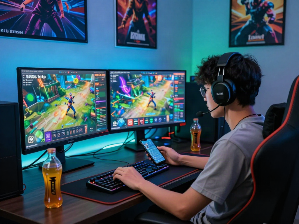 Situs toto gaming scene with a player at dual monitors and vibrant graphics.
