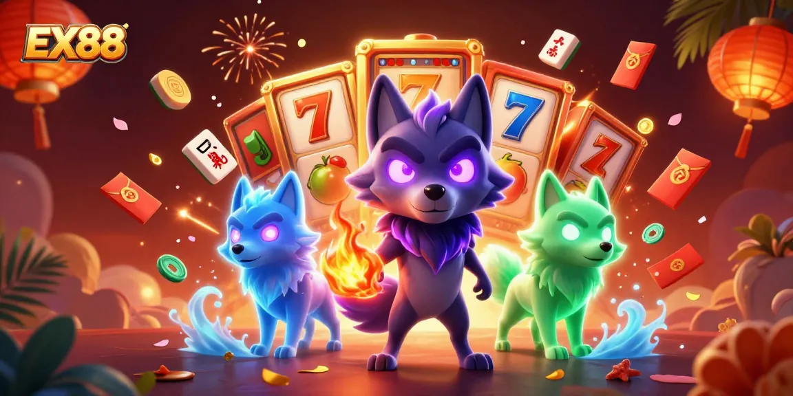 Engage with EX88's gaming excitement as the wolf pack leader leads in a vibrant casino scene.