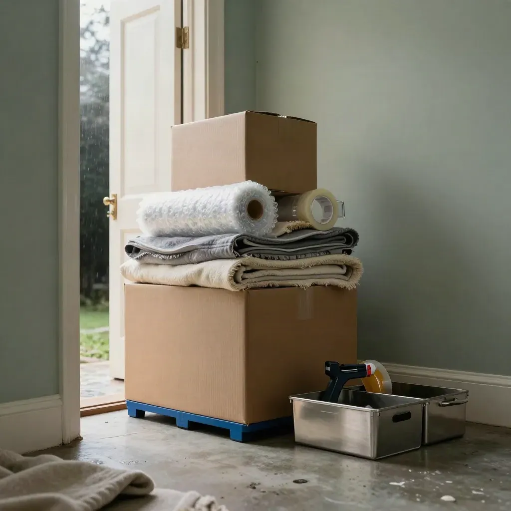 Stacked moving supplies by a glowing doorway after rain, viewed low and heroic.