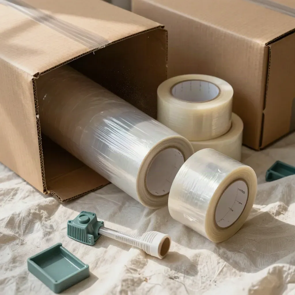 Open moving boxes, tape, wrap and corner protectors on muslin in raking light.