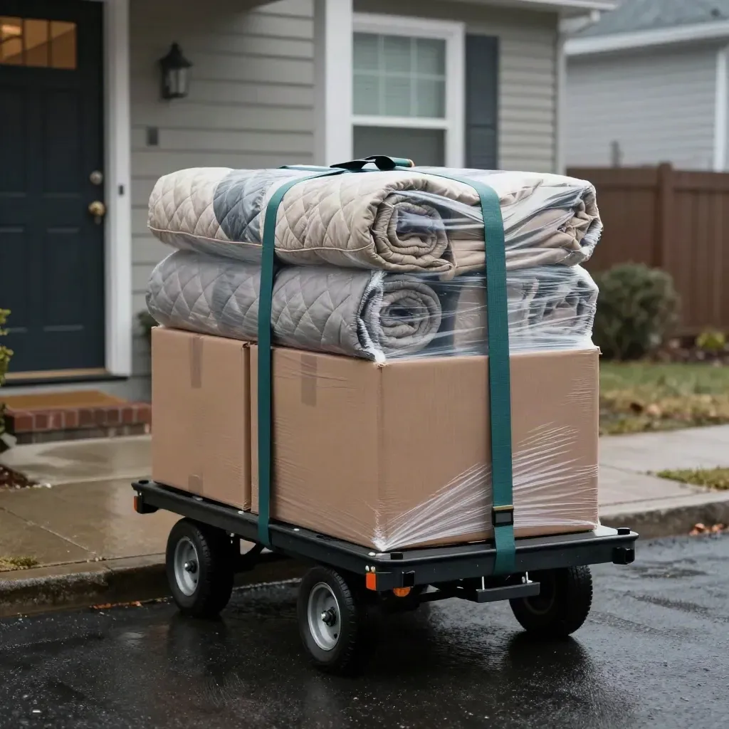 Weekend move bundle on a hand truck rolls from a townhouse entry into a wet driveway in drizzle.