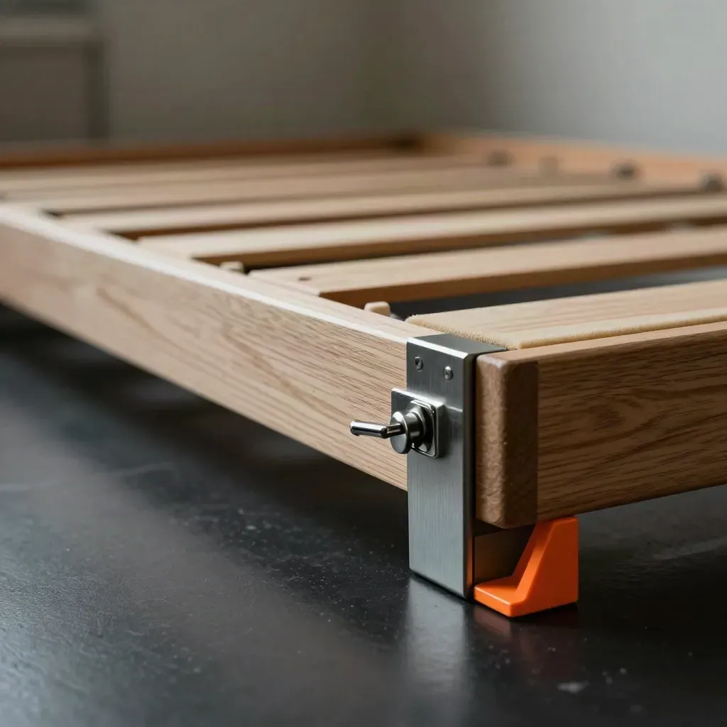 Macro of bed slats, cam locks, Allen key, brackets and felt pads forming a half-built frame.
