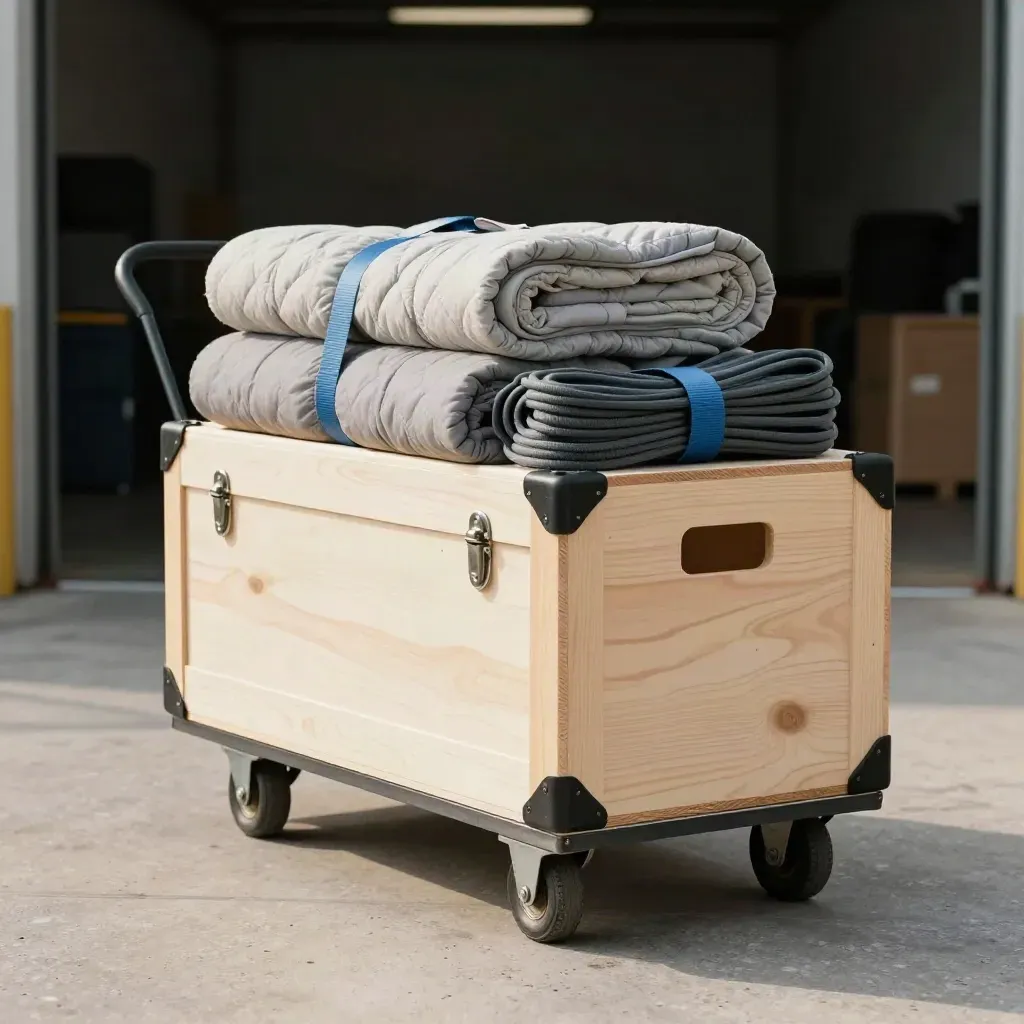 Move bundle on a concrete loading bay with crate, dolly, blankets and straps in soft mist.