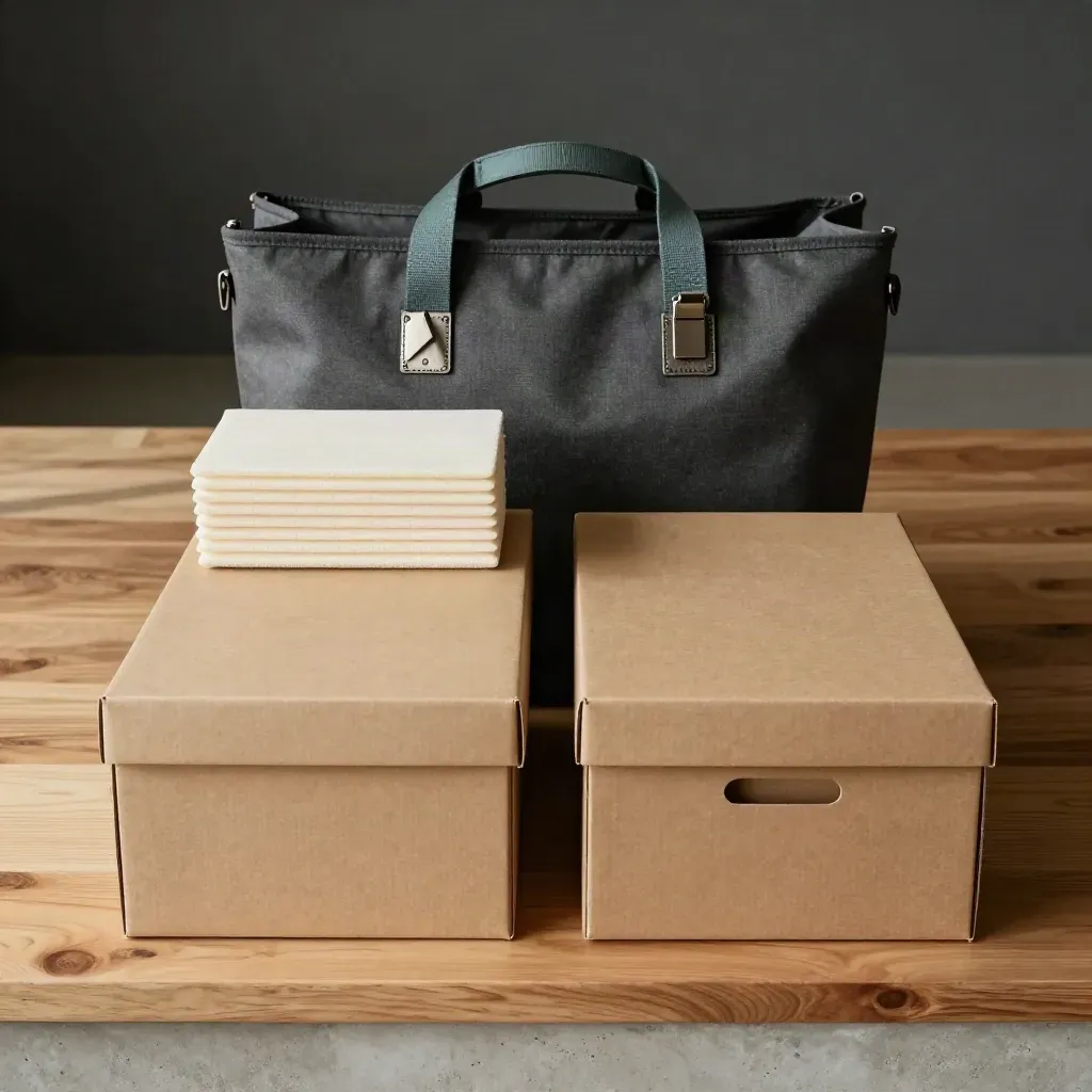 Archive boxes, foam pads, and a lockable tote on a pale wood slab.