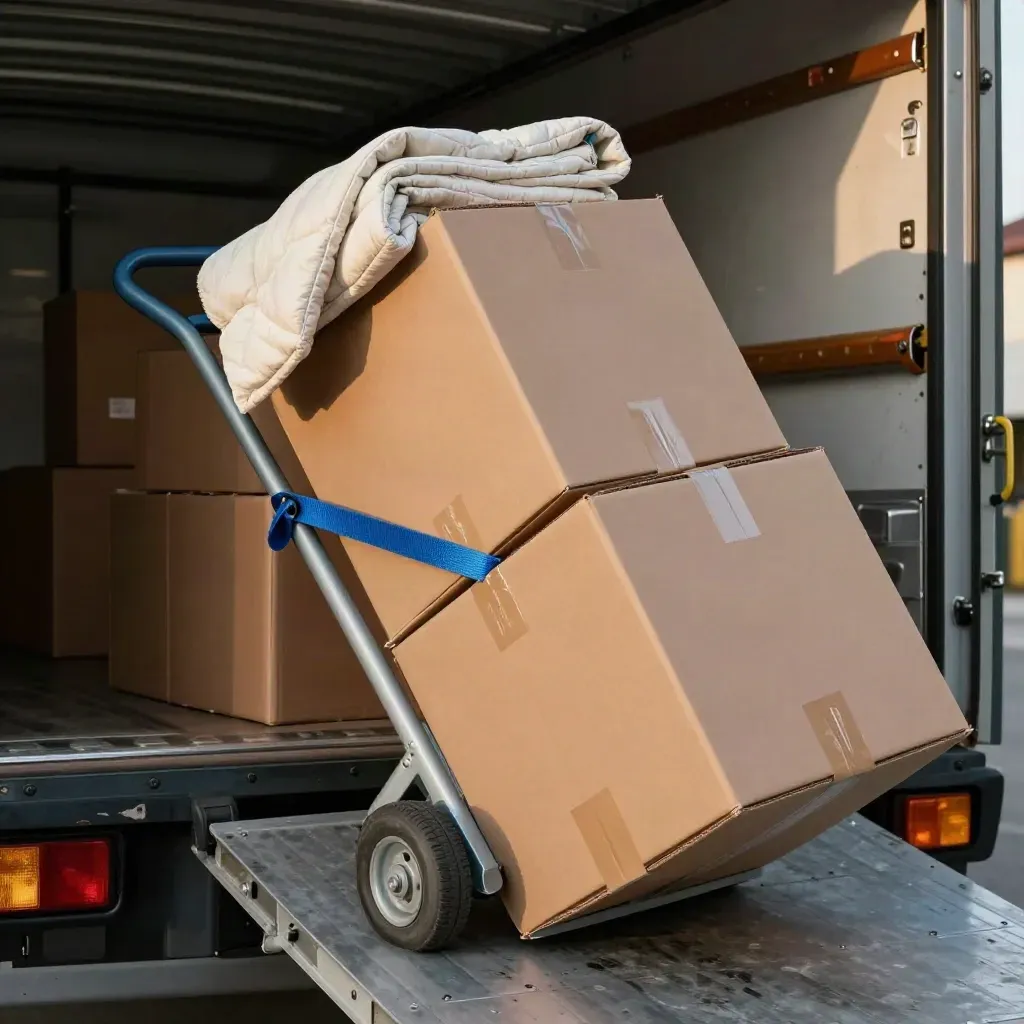 Low-angle loading kit with hand truck, blankets, straps, and boxes tilting into a truck bed.