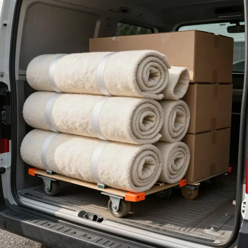 Move bundle items burst from an open van floor: blankets, boxes, straps, dolly wheels, and corner guards.