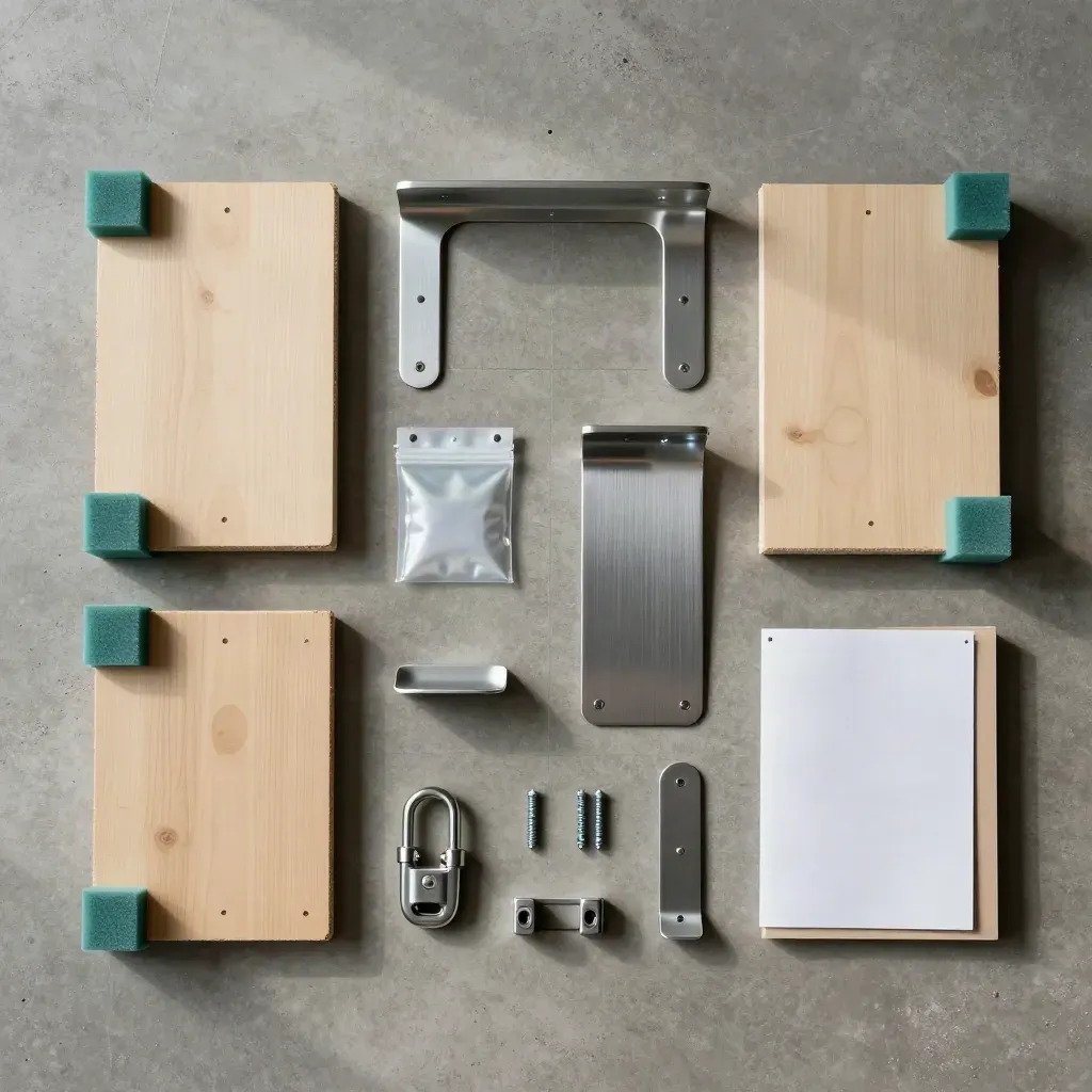 Overhead desk disassembly kit with panels, hardware pouches, foam and sleeve on concrete