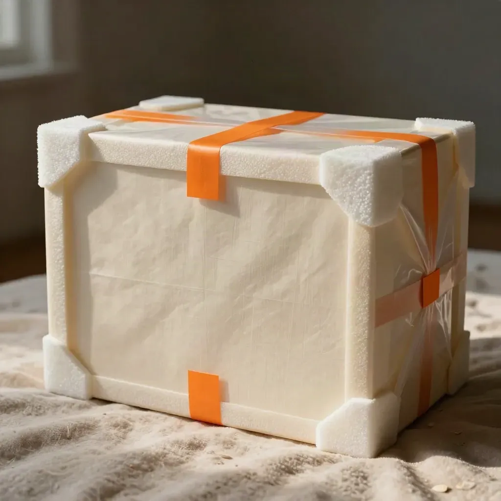 Macro of a wrapped art crate with tissue, foam corners and sleeves in soft haze.