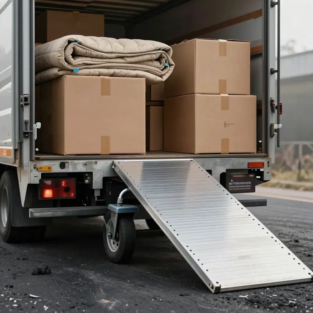 Low-angle moving truck load with boxes, blanket rolls, ramp and dolly in dramatic light.
