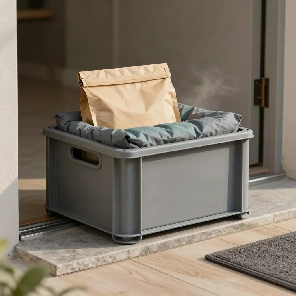 Parcel crate, padding, and sealed bag at a doorstep in soft evening light.