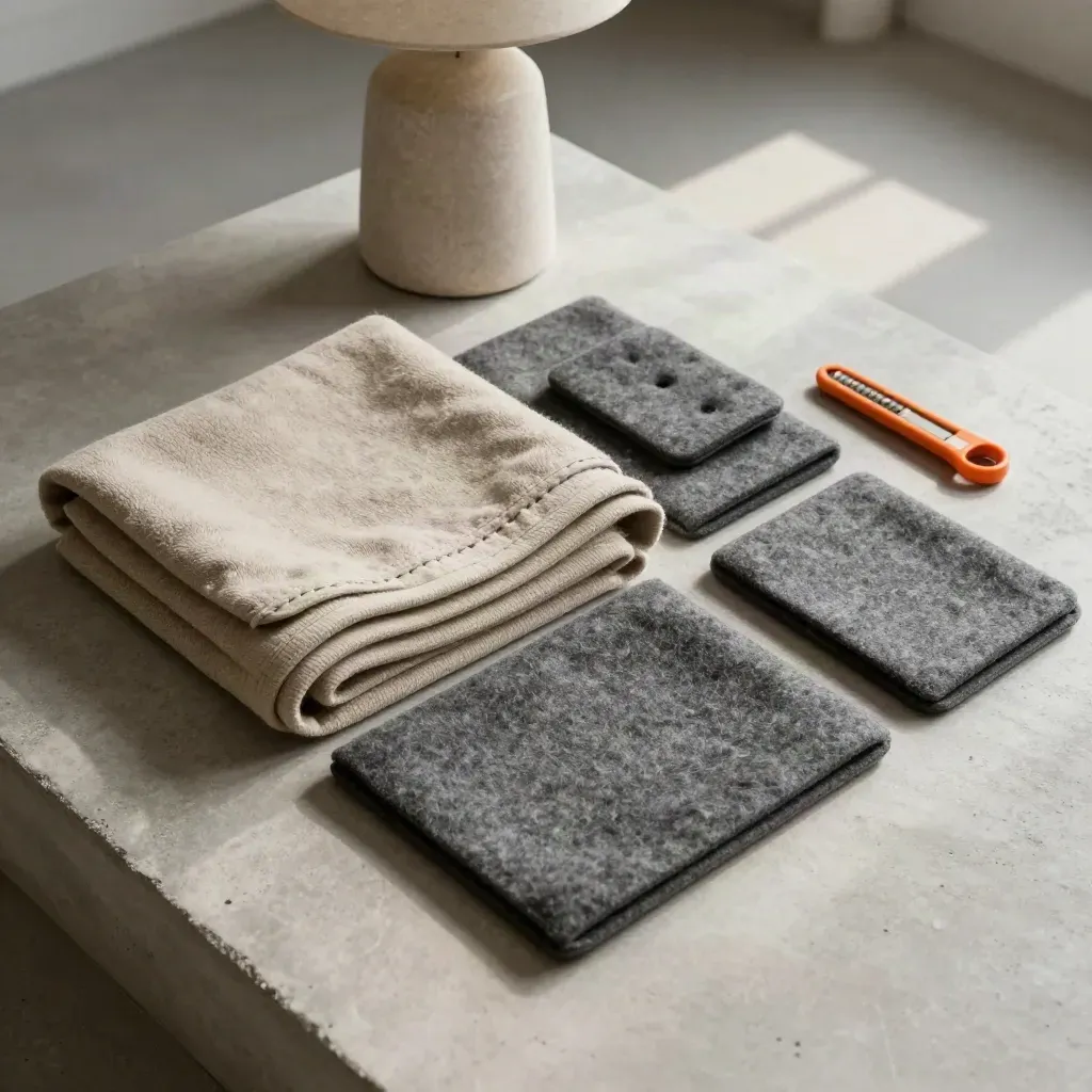 Overhead flatlay of a throw blanket, lamp base, felt pads and orange box cutter sheath on concrete.