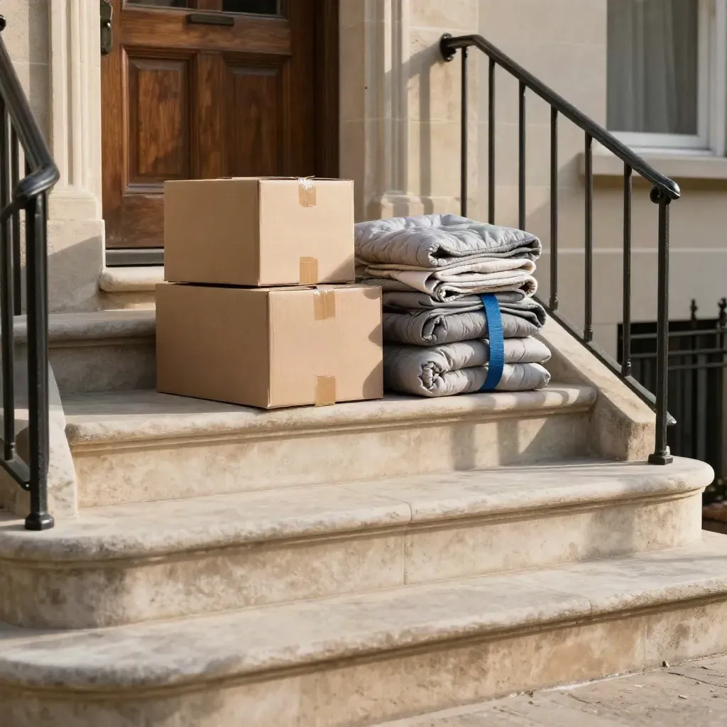 Sunlit limestone stoop with sealed boxes and a blue strap, calm copy space below.