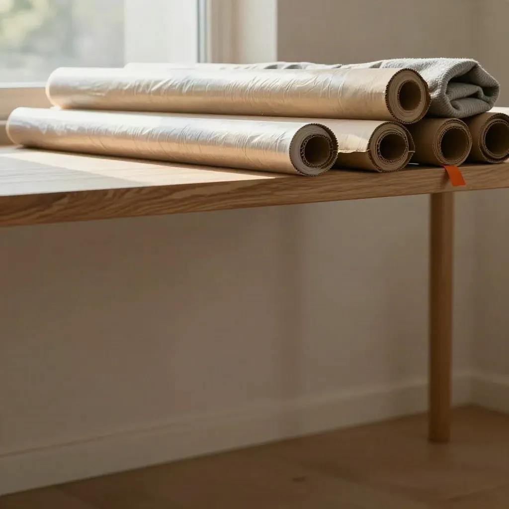 Sunlit apartment packing scene with oak counter, wrap, boxes, and soft plaster wall.