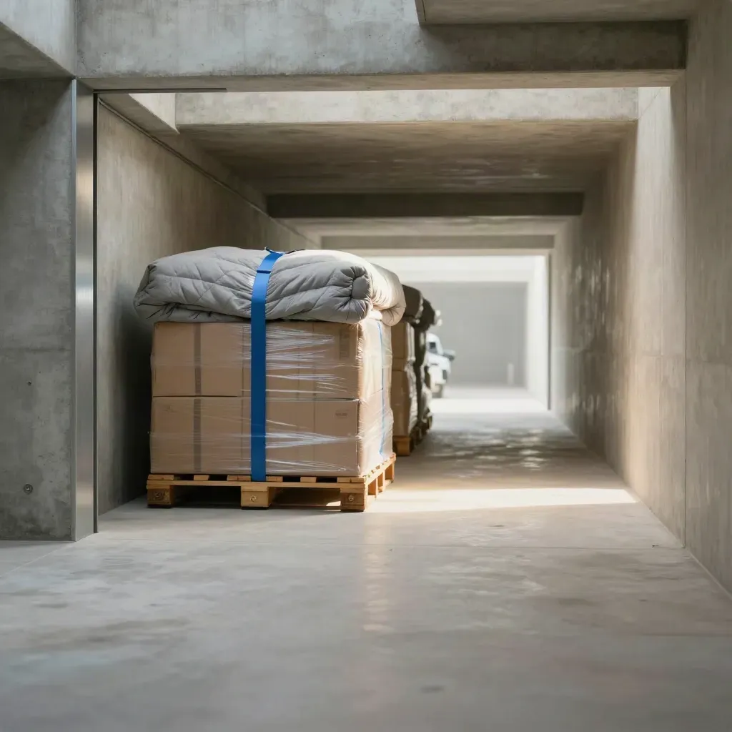Concrete storage corridor with wrapped boxes on a pallet and a hazy vanishing aisle