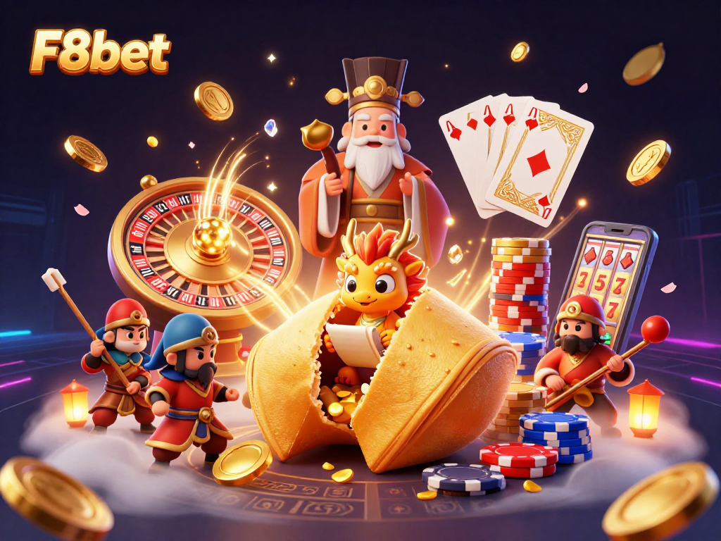 Win big with F8bet in this colorful, captivating 3D illustration featuring dragons and fortune cookies.