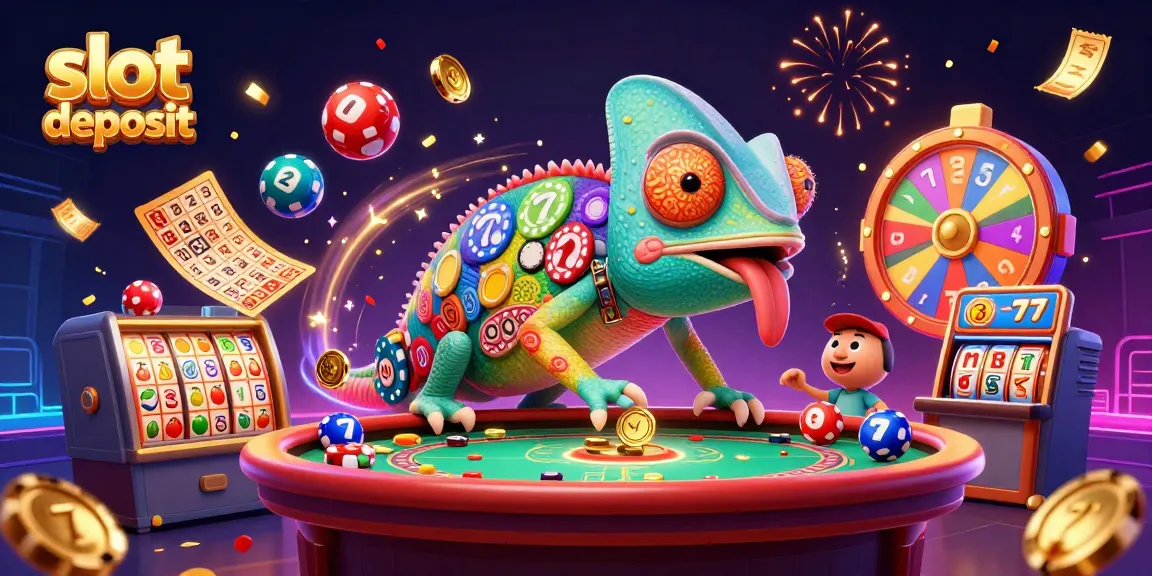 Slot deposit dengan banyak simbol permainan kasino, menampilkan chameleon pemilik kasino menarik koin emas.