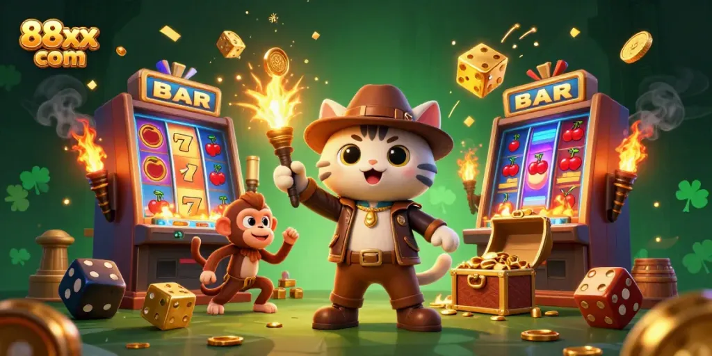 Experience thrilling jackpots with 88xx com in this dynamic casino adventure illustration featuring a playful cat archaeologist.